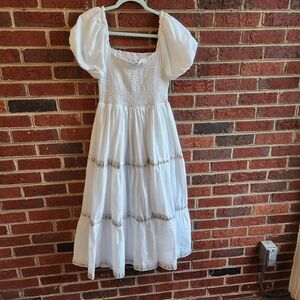 Rachel Zoe White Smocked Cotton Floral Ribbon Maxi Dress Size 8 Cottagecore Boho